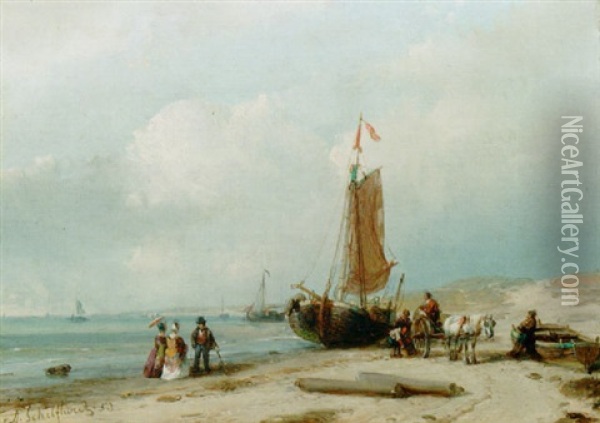 Elegant Figures By A Beached Bomschuit Oil Painting - Andreas Schelfhout