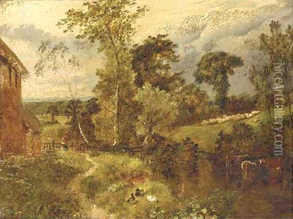 Cattle watering in a river landscape Oil Painting - John Henry Dell