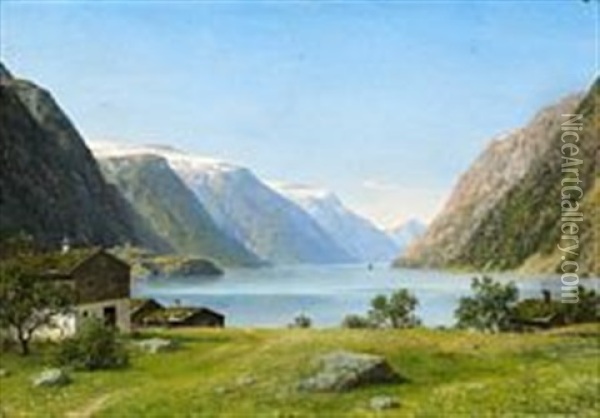 View From Hardanger Fjord, Norway Oil Painting - Georg Emil Libert