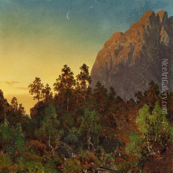 Norwegian Landscape With Waning Moon Oil Painting - Joachim Frich