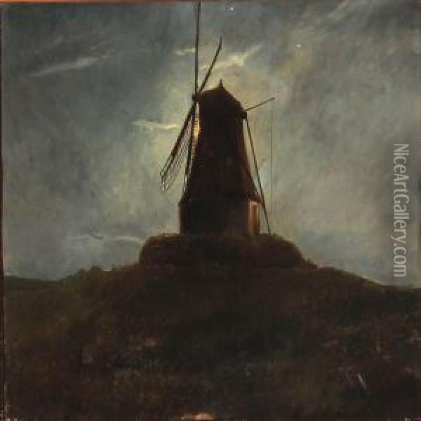 Late Evening With A View To A Mill In Moonlight Oil Painting - Carl Wentorf