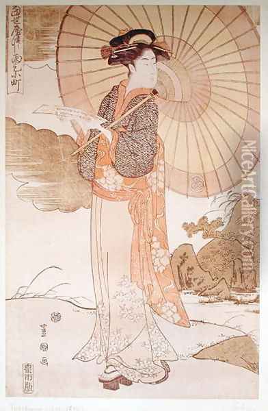 Standing woman with a parasol Oil Painting - (Utagawa Toyoshige) Toyokuni II