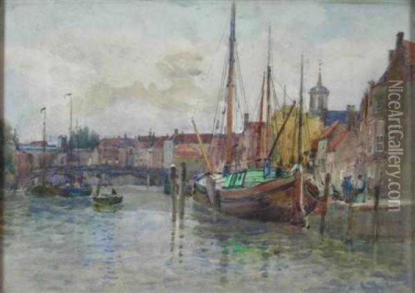 Dutch Canal Scene Oil Painting - James Garden Laing