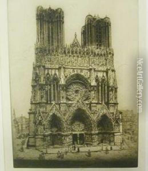 View Of The West End Of Rheims Cathedral] Oil Painting - H. Randolph Rose