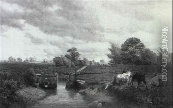 Cows By A Loch Oil Painting - Henry Birtles