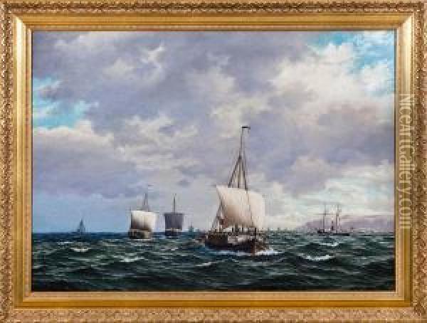 Cargo Vessels And Steamship Out At Sea Oil Painting - Frederik Sorvig