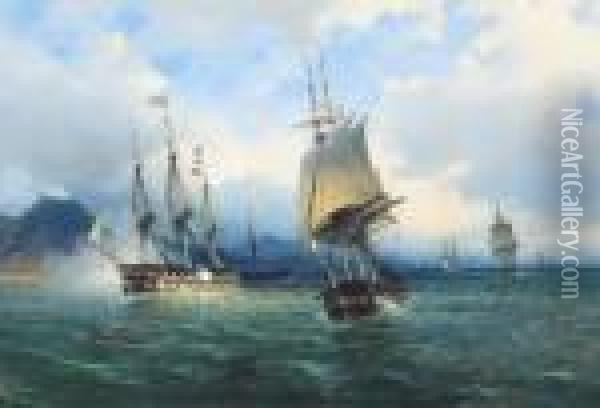 Warships In The Mediterranean Signalling Their Arrival Offnaples Oil Painting - de Simone Tommaso