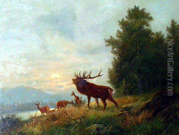 Flusslandschaft In Vorabendstimmung Mitkronhirsch Und Tieren Am Waldhang Oil Painting - Joseph Friedrich N. Heydendahl