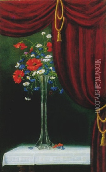 Opstilling Med Hoj Glasvase Med Vilde Blomster Ved Rode Gardiner Oil Painting - Soren Sorensen