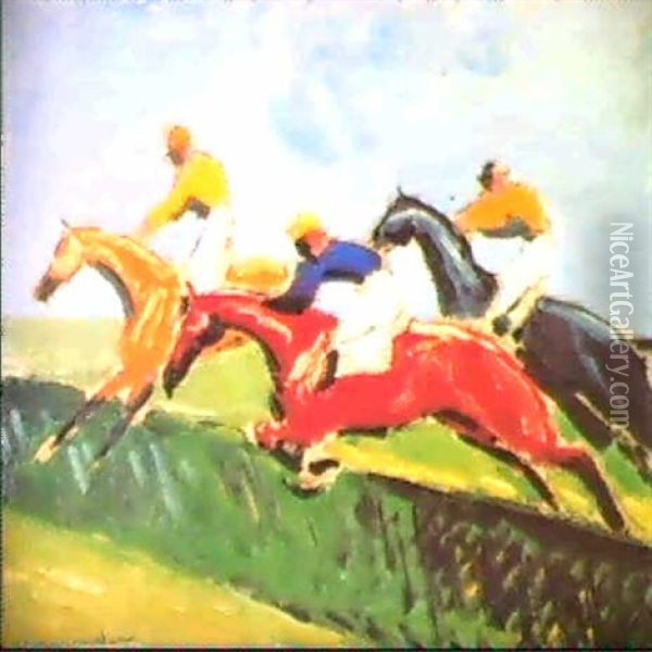 Jockeys D'obstacles Oil Painting - Jean Raoul Chaurand-Naurac