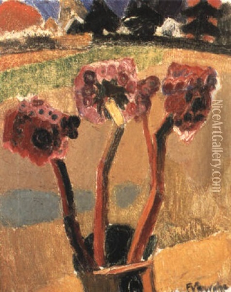 Vase Fleuri Sur Fond De Paysage A Laethem Oil Painting - Frits Van Den Berghe