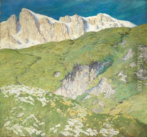 Gebirgskette (mit Schlern, Sudtirol?) Oil Painting - Hugo Hodiener (Hodina)