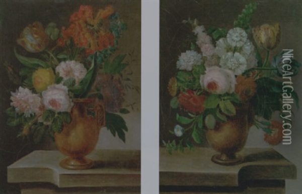 Still Life Of Roses, Tulips, Stocks, Carnations, Convulvuli And Other Flowers In A Terracotta Urn, Upon A Stone Ledge Oil Painting - Jean Jacques Prevost the Elder