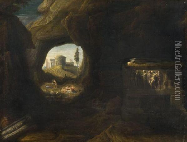 Nymphes Au Bain Vues D'une Grotte Abritant Un Sarcophage Antique Oil Painting - Henry Ferguson