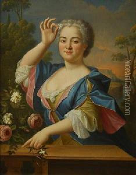 Retrato De Dama, De Medio Cuerpo En Un Balcon Con Flores Y Paisaje Al Fondo Oil Painting - Pierre Gobert