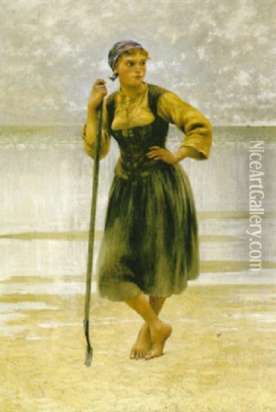 Musslplockerska Pa Stranden Oil Painting - August Vilhelm Nikolaus Hagborg