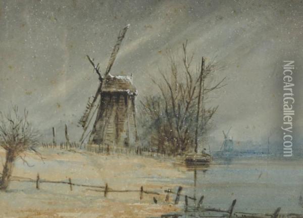 Riverside Windmill In Snow Oil Painting - William Henry Freeman