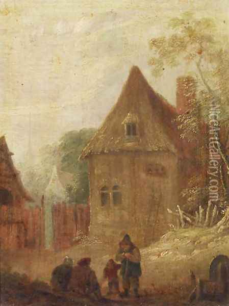Peasants resting on a track by a farm Oil Painting - David The Younger Teniers