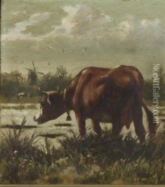 A Cow In A Landscape; And A Cow By The Water's Edge Oil Painting - William Frederick Hulk