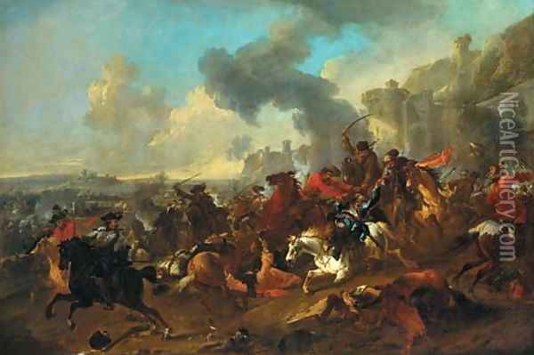 A cavalry engagement before a fortified town Oil Painting - Jan von Huchtenburgh