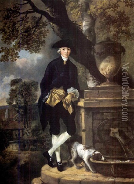Portrait Of A Gentleman Wearing A Dark Blue Jacket And Breeches Oil Painting - Thomas Gainsborough