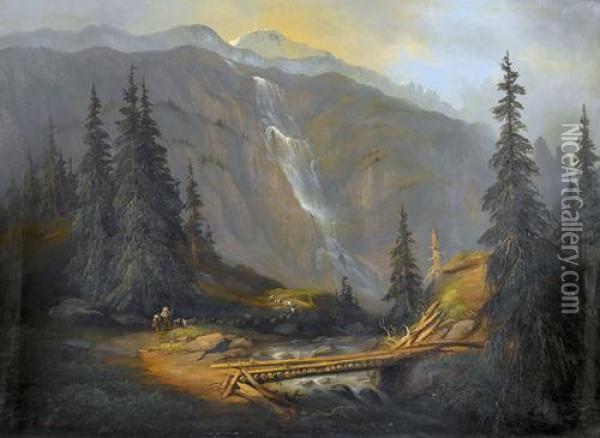 Gebirgspartie Mit Hirten Und Wasserfall Oil Painting - Ferdinand Sommer