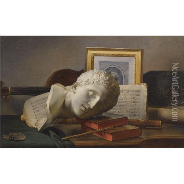 Still Life With A Musical Score, A Marble Bust, A Guitar, Books And A Portrait Engraving Oil Painting - Thomas Germain Duvivier