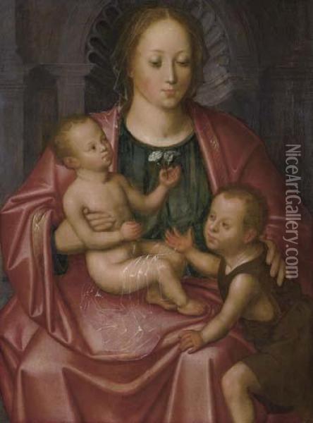 Madonna And Child With John. Oil Painting - Pieter I Claeissins