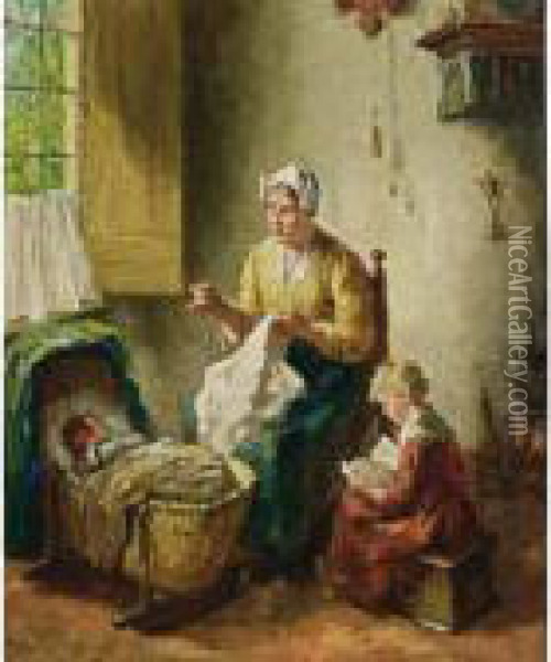 A Mother And Her Children In An Interior Oil Painting - Bernard Johann De Hoog