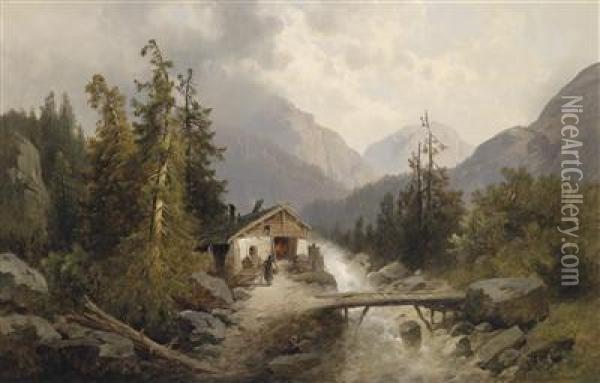 The Charcoalworks By A Mountain Stream Oil Painting - Josef Thoma