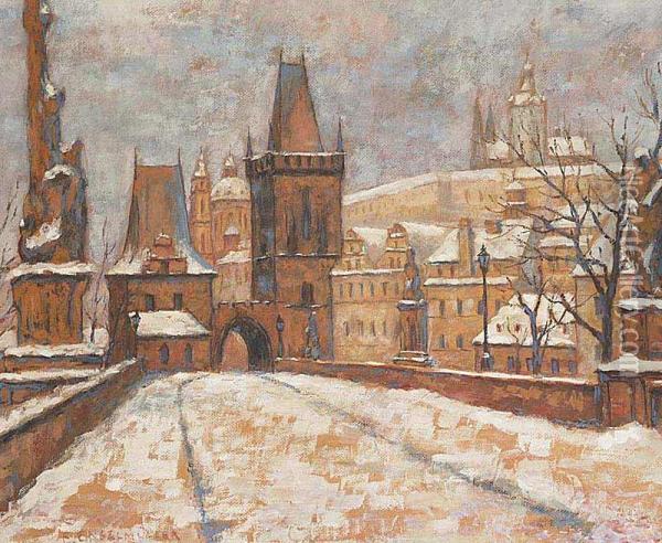 Charles Bridge In Winter Oil Painting - Ferdinand Engelmuller
