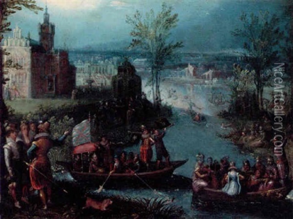 A River Landscape With Elegant Figures Boating Oil Painting - Louis de Caullery