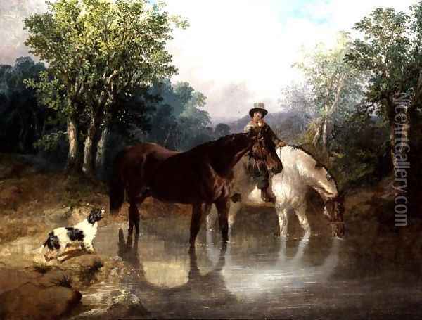 Two horses, a man and a dog by a stream Oil Painting - John Frederick Herring Snr