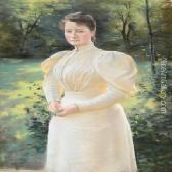 Summer Day In Agarden With A Woman In A White Dress Oil Painting - Sigvard Hansen