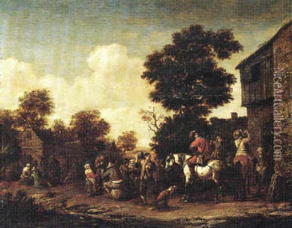 A Horseman And Various Figures Standing Outside A Tavern Oil Painting - Barend Gael