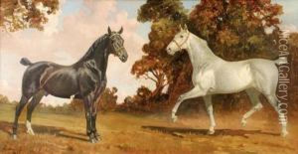A Grey And Abay In A Landscape, Believed To Be Buchanan And Co's Tradehorses Oil Painting - James Lynwood Palmer