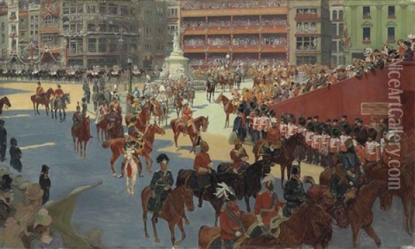 God Save The Queen: Queen Victoria Arriving At St. Paul's Cathedral On The Occasion Of The Diamond Jubilee Thanksgiving Service, 22 June 1897 Oil Painting - John Charlton