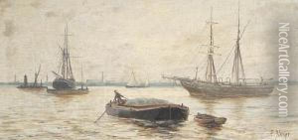 Ships At Anchor On The River, A Pair Oil Painting - Edwin Fletcher