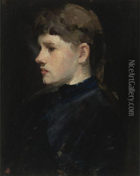 Portrait Of A Lady (head Of A Girl) Oil Painting - Frank Duveneck