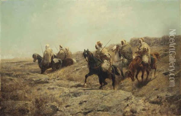 Arab Warriors On The Lookout Oil Painting - Adolf Schreyer
