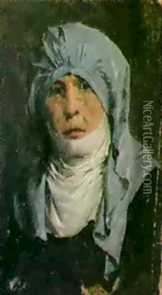 Brustbild Dame Nach Mit Kopftuch Oil Painting - Albert Anker