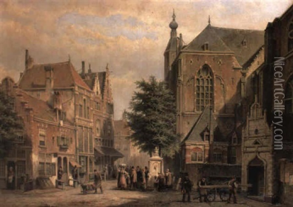 A View Of A Square In A Dutch Town With Figures Beside A Well Oil Painting - Willem Koekkoek