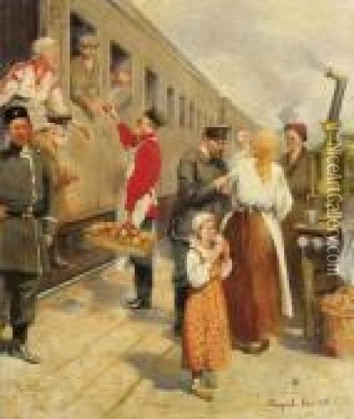 Verpflegung Von Reisenden An Einem Bahnsteig Oil Painting - Nikolai Petrovich Bogdanov-Belsky