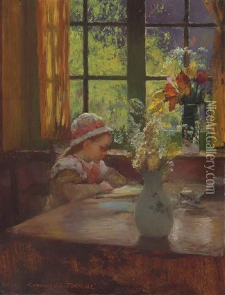 A Young Girl With Bonnet Reading By A Window Oil Painting - Gaston La Touche