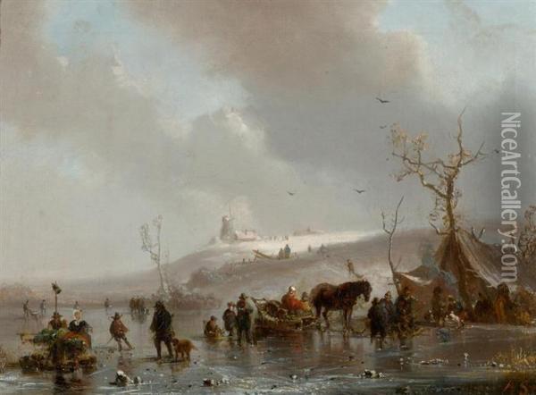 Winter Landscape With River And Figures. Oil Painting - Adolf Stademann