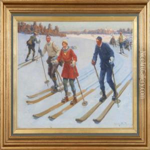 Skiers On A Sunny Winter Day. Signed Leonh. Paulus Oil Painting - Leonhard Paulus