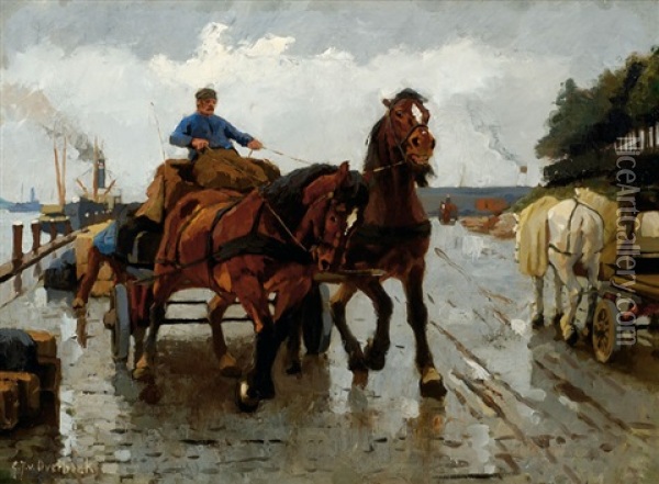 Man With Horse And Wagon On A Quayside Oil Painting - Gijsbertus Johannes Van Overbeek