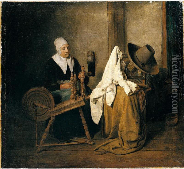 Interior With An Old Woman At A Spinning Wheel Oil Painting - Esaias Boursse