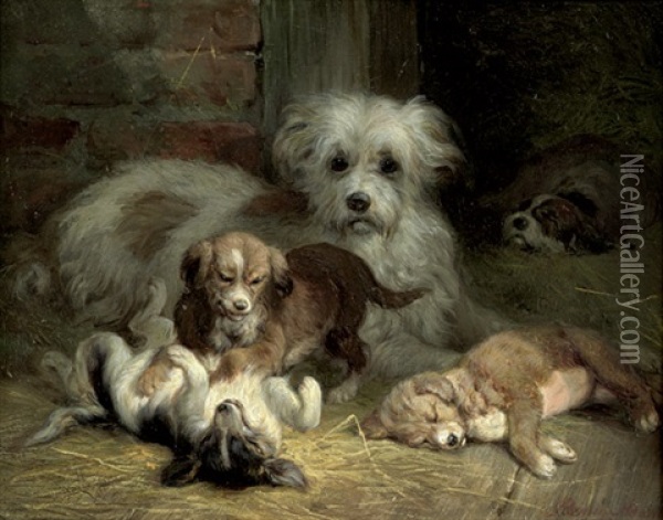 Hundefamilie Mit Spielenden Und Schlafenden Welpen Oil Painting - Benno Raffael Adam