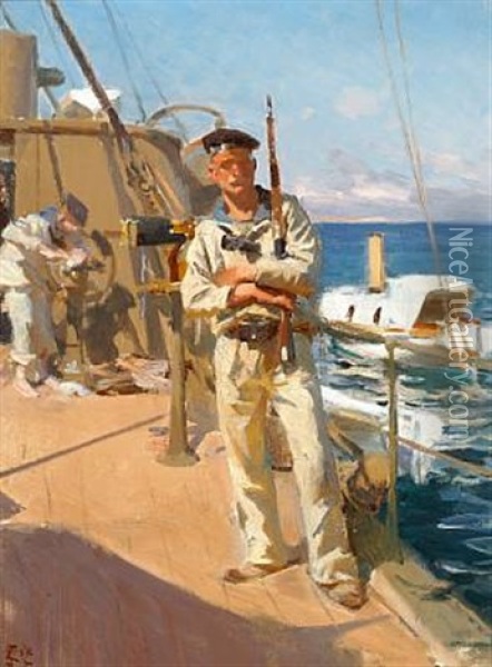 Naval Gunner On Board A Warship Oil Painting - Erik Ludwig Henningsen